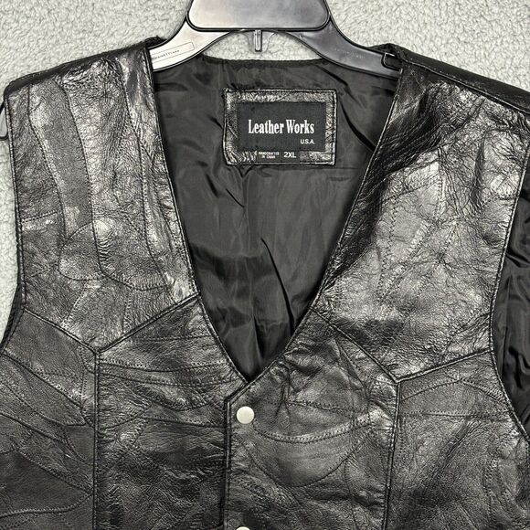 Leather Works Mens 2XL Patchwork Black Genuine Leather Snap Vest Pockets - Picture 3 of 16